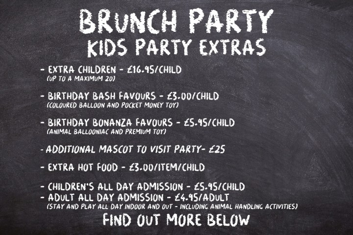 Menu board listing kids' brunch party extras and prices.