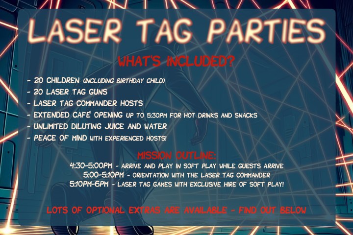 Laser tag party flyer with details and schedule.