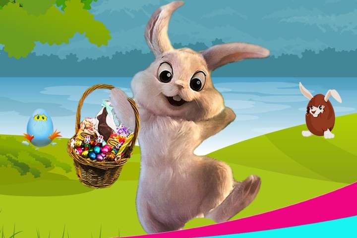 Cartoon bunny with a basket of candies in a grassy, lakeside setting with a tree and blue sky.