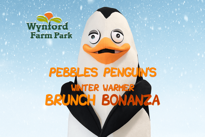 Penguin mascot with text 'Pebbles Penguin's Winter Warmer Brunch Bonanza' on snowy background, Wyntford Farm Park.