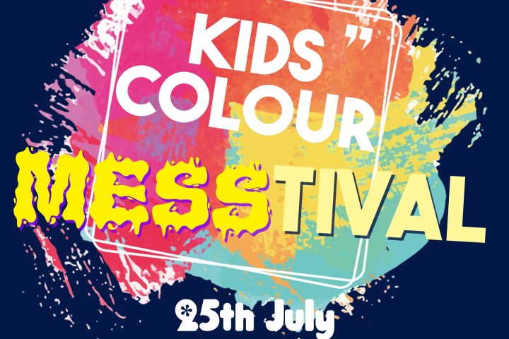 Colorful splash with 'Kids Colour Mess-tival' and '25th July' text.